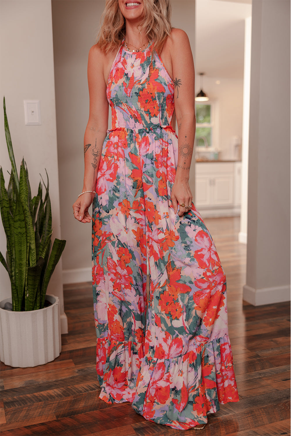 Multicolour Floral Print Halter Neck Wide Leg Jumpsuit Jumpsuits 9bf7f046a997e401