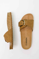 Lizzy Slip On Buckle Strap Sandal in Tan