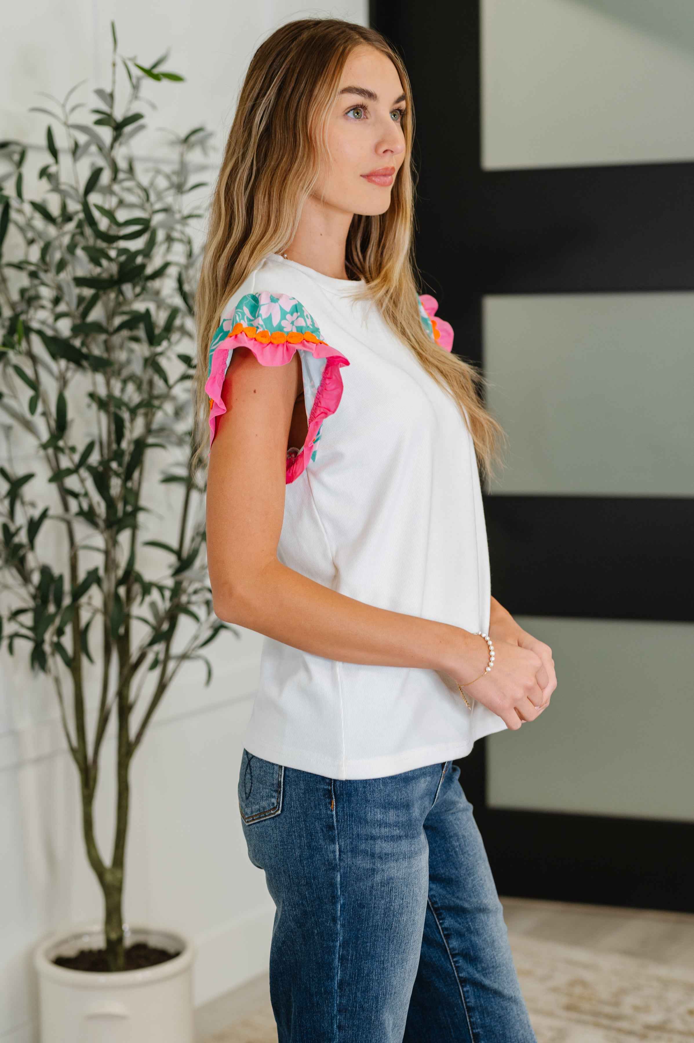 Petals & Poise Floral Flutter Sleeve Top in White