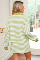 Red Stripe Collared V Neck Drop Shoulder Pullover and Skirt Set Two Piece Skirt Sets ae478c093259a9b6