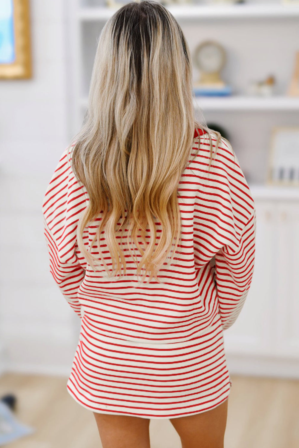 Red Stripe Collared V Neck Drop Shoulder Pullover and Skirt Set Two Piece Skirt Sets b05f5defd2b189f6