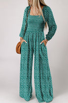 Green Floral Print Shirred Bodice Square Neck Wide Leg Jumpsuit Jumpsuits b3bdd868da504f87