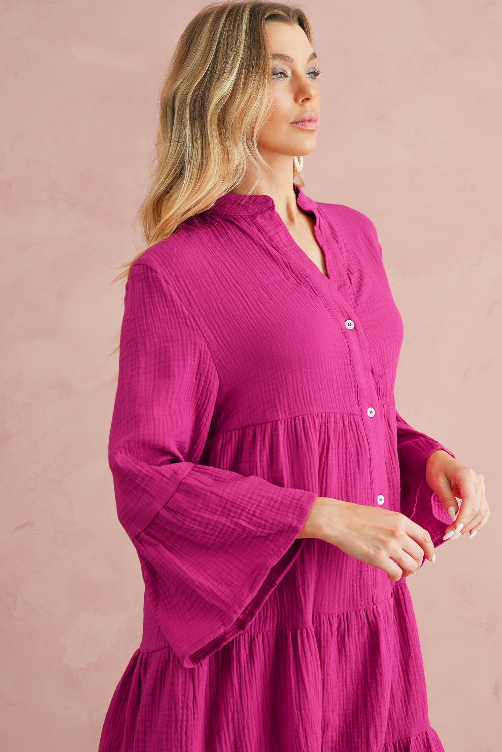 Rose Crinkled Tiered Split Neck Shirt Dress Short Dresses b4a4c007a30fabf0