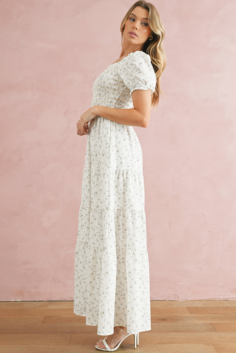 White Frill Neckline Shirred Bodice Floral Maxi Dress Maxi Dresses b707d6f02472a954