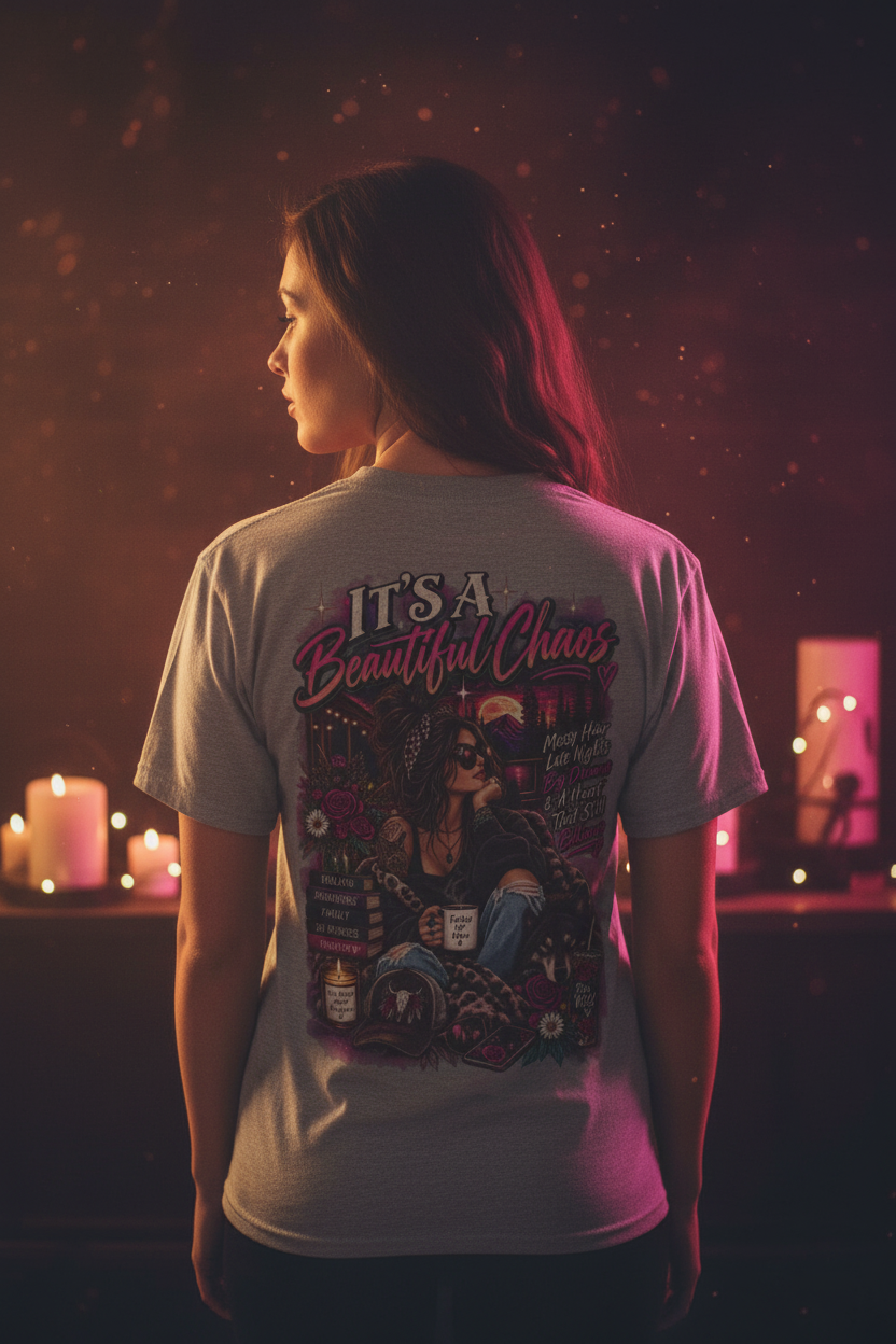 Woman modeling an It's a Beautiful Chaos graphic tee from the Graphic Tees collection