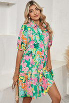 Green Floral Puff Sleeve Buttoned Babydoll Dress Short Dresses c12785fb861aaf23