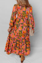 Orange Floral Puff Sleeve Smocked Bodice Frill Tiered Dress Maxi Dresses c1833bb475c812cd