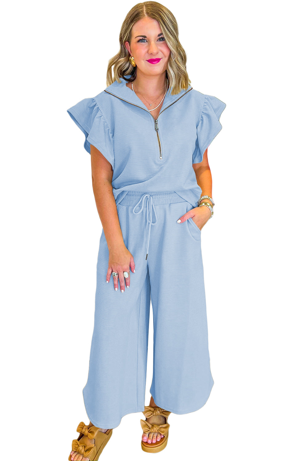 Beau Blue Textured Ruffle Sleeve Zipped Top and Wide Leg Pants Set Two Piece Pants Sets c2b2fc3476b67974