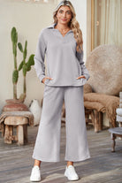 Light Grey Solid Textured Collared V Neck Top and Wide Leg Pants Set Two Piece Pants Sets c47cbb6062d50722