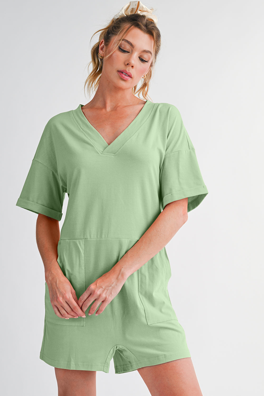 Myosotis Loose Half Sleeve V Neck Plain Romper Rompers c60b5b6e2f4bab19