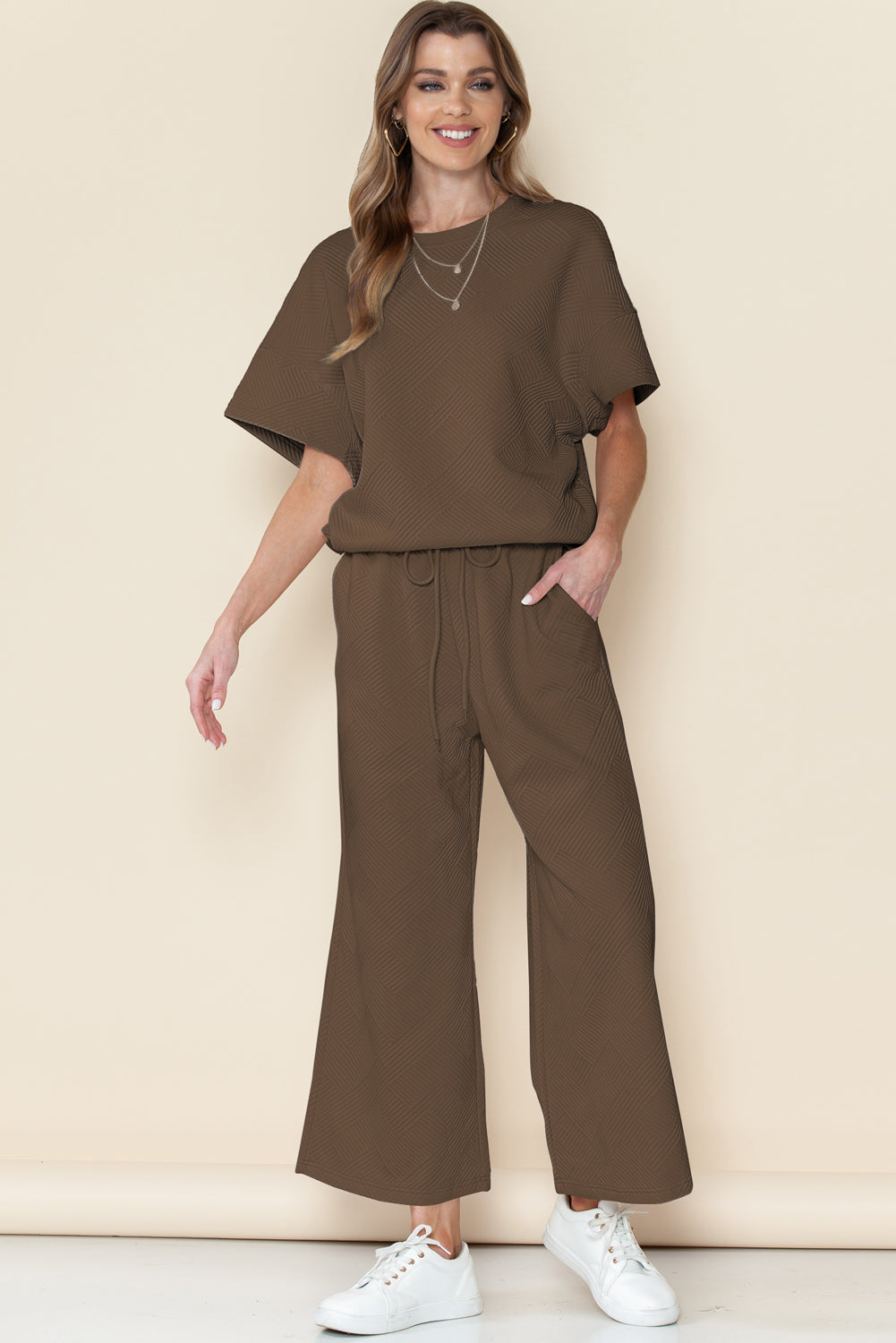 Red Dahlia Textured Loose Fit T Shirt & Drawstring Pants Set Two Piece Pants Sets cb605613af21152e