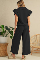 Beau Blue Textured Ruffle Sleeve Zipped Top and Wide Leg Pants Set Two Piece Pants Sets cbd5ee48f2f535c9