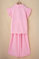 Beau Blue Textured Ruffle Sleeve Zipped Top and Wide Leg Pants Set Two Piece Pants Sets d2ea69896cfed494