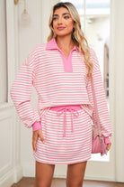 Red Stripe Collared V Neck Drop Shoulder Pullover and Skirt Set Two Piece Skirt Sets d8212616d0c12f90