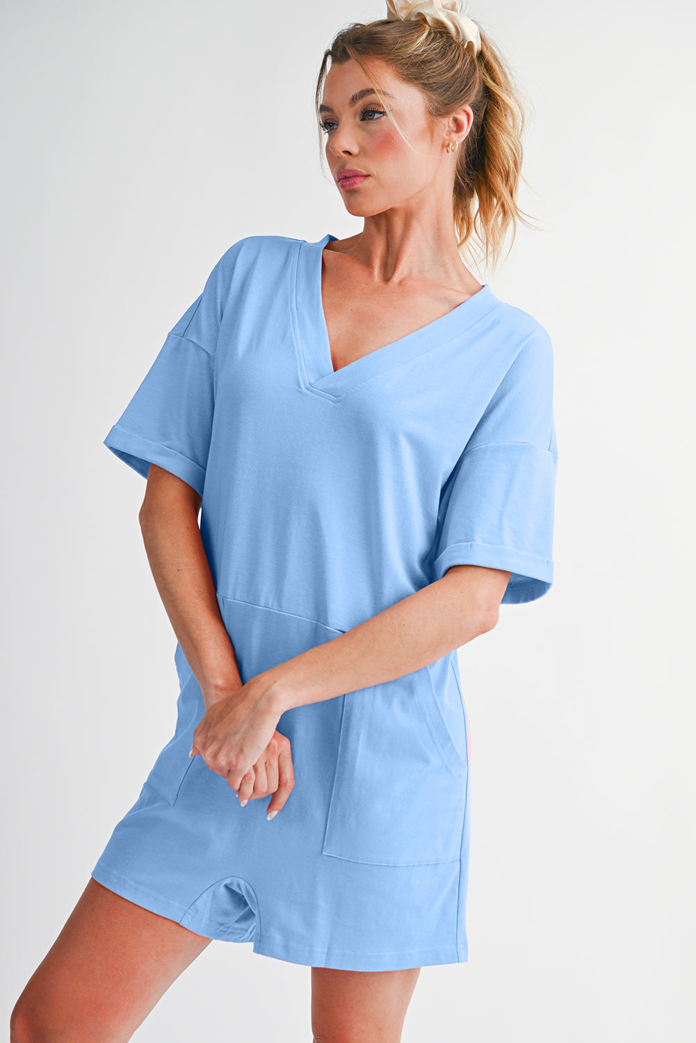 Myosotis Loose Half Sleeve V Neck Plain Romper Rompers d89028c5a9169032