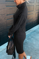 Black Ribbed Zip Neck Drop Shoulder Pullover Bodycon Skirt Set Two Piece Skirt Sets dbcf749699059292