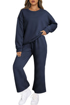 Navy Blue Textured Loose Slouchy Long Sleeve Top and Pants Set Two Piece Pants Sets e775e281c467d4f1