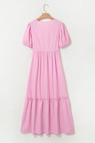 Pink Striped V Neck Puff Sleeve Frill Tiered Maxi Dress Maxi Dresses ea4f9c641cc80478