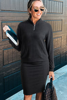 Black Ribbed Zip Neck Drop Shoulder Pullover Bodycon Skirt Set Two Piece Skirt Sets f02450718710c9f9