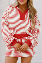 Red Stripe Collared V Neck Drop Shoulder Pullover and Skirt Set Two Piece Skirt Sets f40877a411dea569