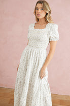 White Frill Neckline Shirred Bodice Floral Maxi Dress Maxi Dresses f74ca62733e74692