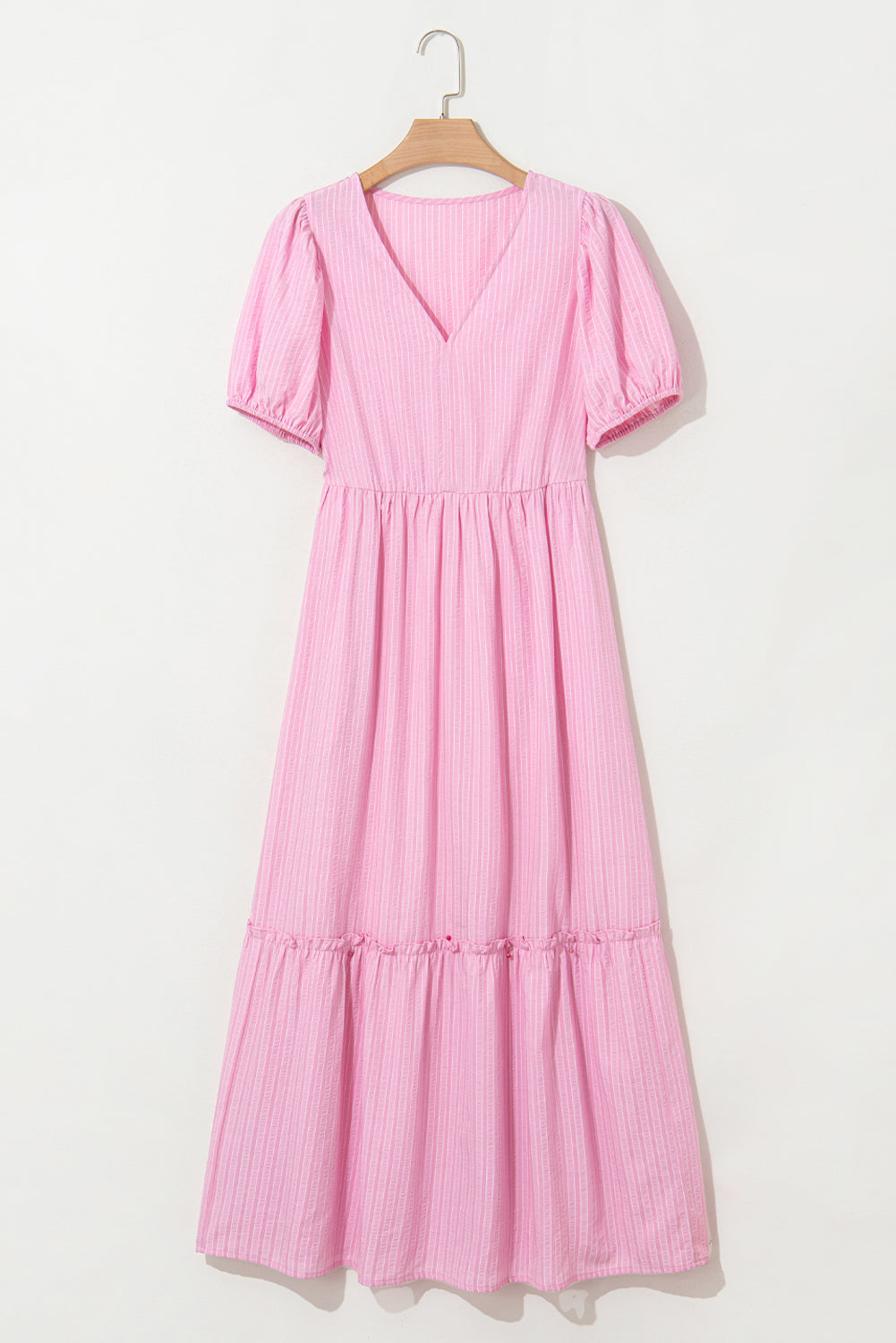 Pink Striped V Neck Puff Sleeve Frill Tiered Maxi Dress Maxi Dresses f9589555e4d950ed