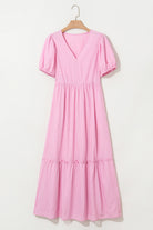 Pink Striped V Neck Puff Sleeve Frill Tiered Maxi Dress Maxi Dresses f9589555e4d950ed