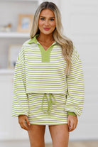 Red Stripe Collared V Neck Drop Shoulder Pullover and Skirt Set Two Piece Skirt Sets fa02cca9d1106056