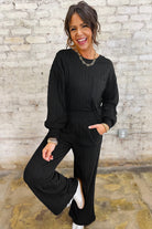 Black Textured Chest Pocket Drop Sleeve Top and Pants Set Two Piece Pants Sets fa9db3255f52e2ff