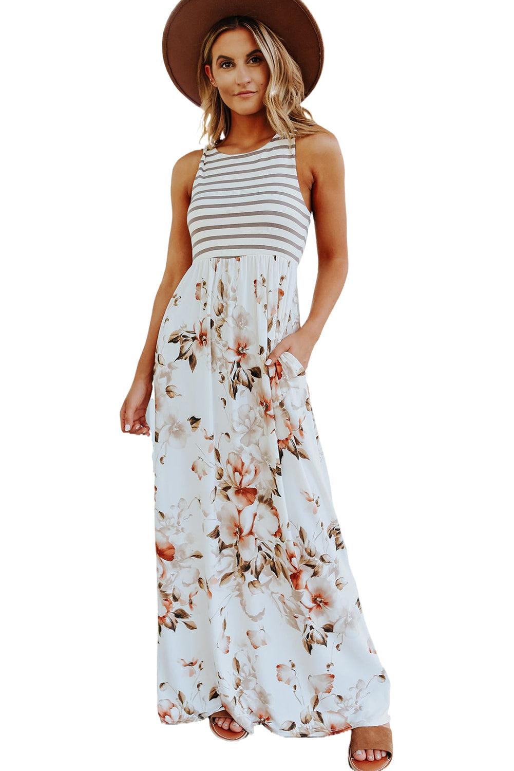 White Boho Stripes & Floral Tank Dress Maxi Dresses ffe95bea0fa07be4