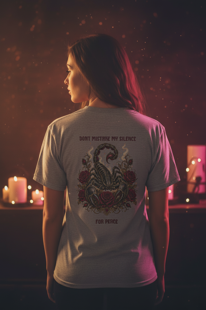 Woman modeling a scorpion graphic tee from the Sting and Silk collection